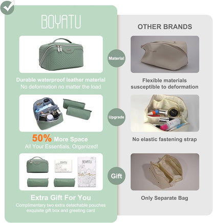BOYATU Travel Makeup Bags for Women: Large Cosmetic Bag Waterproof - Vegan Leather Make up Bag Set of 3 - Compact Toiletry Organizer with Compartments & Handle & Divider (L05 Grass Green)