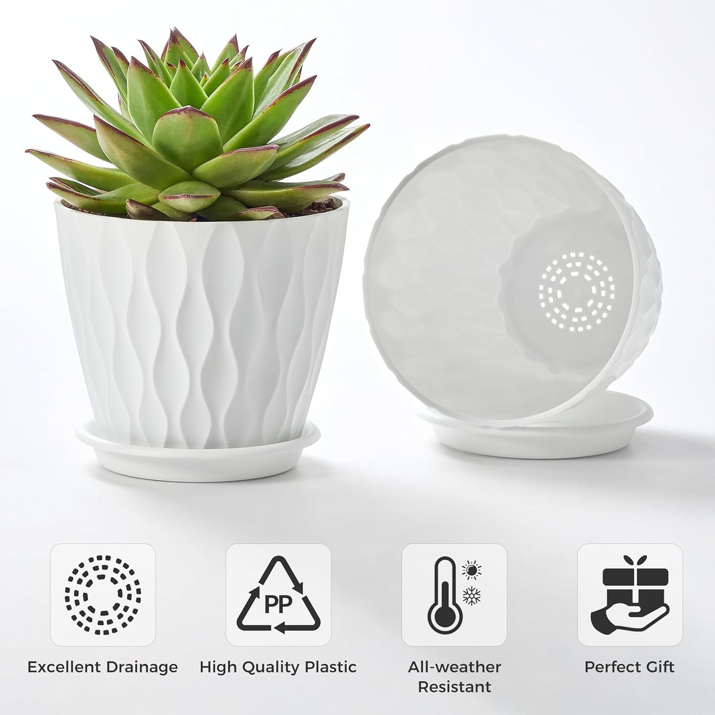 FaithLand 6-Pack 6-Inch Plastic Plant Pots with Saucers | Thickened PP Material, Modern Wave Texture, Enhanced Drainage for Indoor/Outdoor Garden Plants | White Value Set