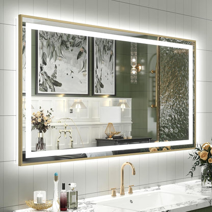 OKPAL 40x24 Gold LED Bathroom Mirror with Lights, Frontlit & Backlit Metal Framed Mirror, Lighted Bathroom Vanity Mirror, Anti-Fog, Dimmable 3 Colors, Shatterproof, Horizontal/Vertical
