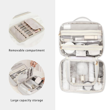 RIGHT AWAY Travel Toiletry Bag for Women, Makeup Bag& Cases, Waterproof Makeup Organizer Cosmetic Bag with Compartments,Portable Make Up Bag for Travel Size Toiletries,Skincare,Brushes Set,White