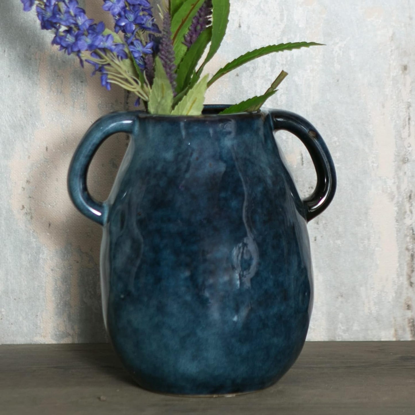 Blue Ceramic Vase with 2 Handles, Modern Farmhouse Decor, Rustic Terracotta Pottery, Decorative Flower Vases, Clay Small Vase, Centerpiece for Dining Table - 7 Inch Tall