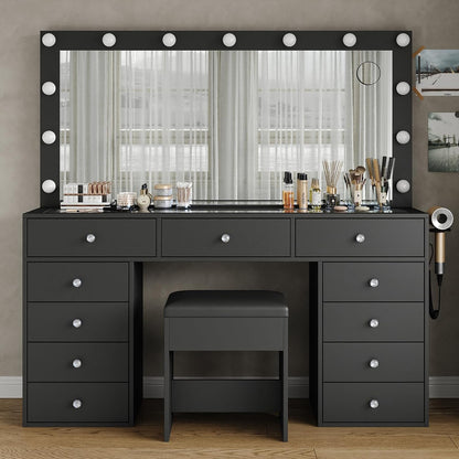 11 Drawers Makeup Vanity with Charging Station, Vanity Desk with 13 LED Bulbs and HD Mirror, 3 Color Brightness Adjustable, Glass Top Vanity Set for Bedroom, Black