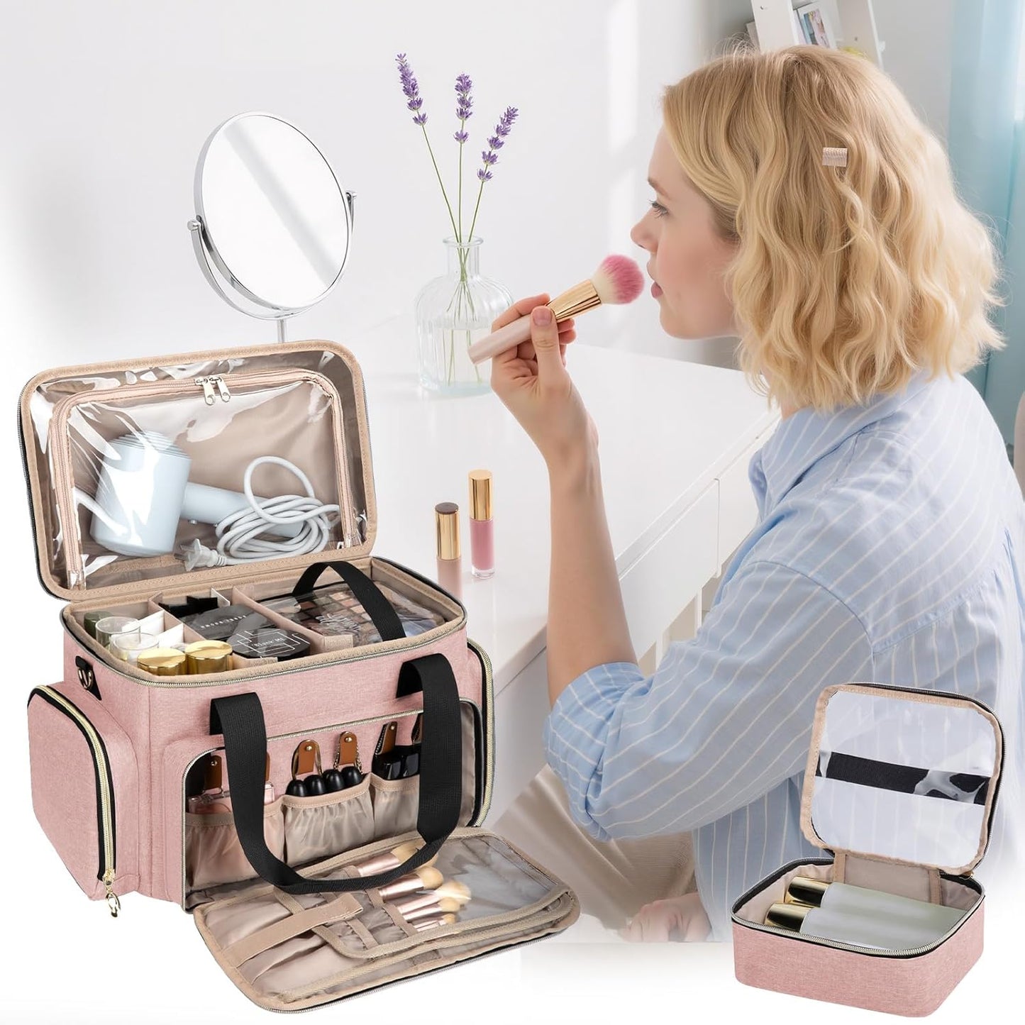 Large Makeup Bag, Portable Travel Makeup Bag Organizer for Women Girls with 2 Removable Pouches & Detachable Dividers, Cosmetic Travel Bag, Toiletry Bag for Makeup and Hair Supplies Pink