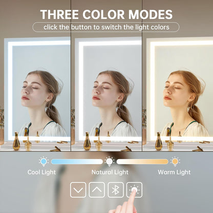 Hasipu Vanity Mirror with Lights and Bluetooth Speaker, 55" x 35.8" LED Makeup Mirror, Lighted Makeup Mirror with Dimmable 3 Modes, Touch Screen Control Vanity Mirror Square White