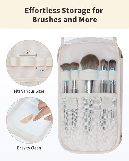 WANDF Travel Toiletry Bag for Women, Wide-open Large Makeup Bag with Handle, Puffy Makeup Organizer for Toiletries, Cosmetics, Accessories, Essentials (Light Khaki)