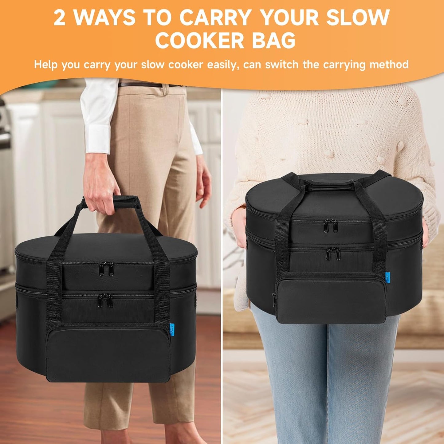 Double-Layer Slow Cooker Travel Bag Compatible with 6, 7, 8 Quart Crock-Pot, Insulated Travel Carrier with Easy to Clean Lining, Black