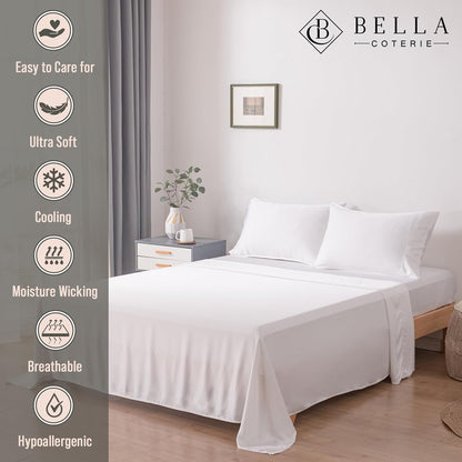 Bella Coterie Luxury Bamboo Viscose Split King Size Sheet Set | 100% Organically Grown | Ultra Soft | Cooling for Hot Sleepers | 18" Deep Pocket [White]