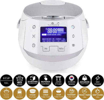 Yum Asia Sakura Rice Cooker with Ceramic Bowl and Advanced Fuzzy Logic (8 Cup, 1.5 Litre) 6 Rice Cook Functions, 6 Multicook Functions, Motouch LED Display, 120V Power (White and Siver)