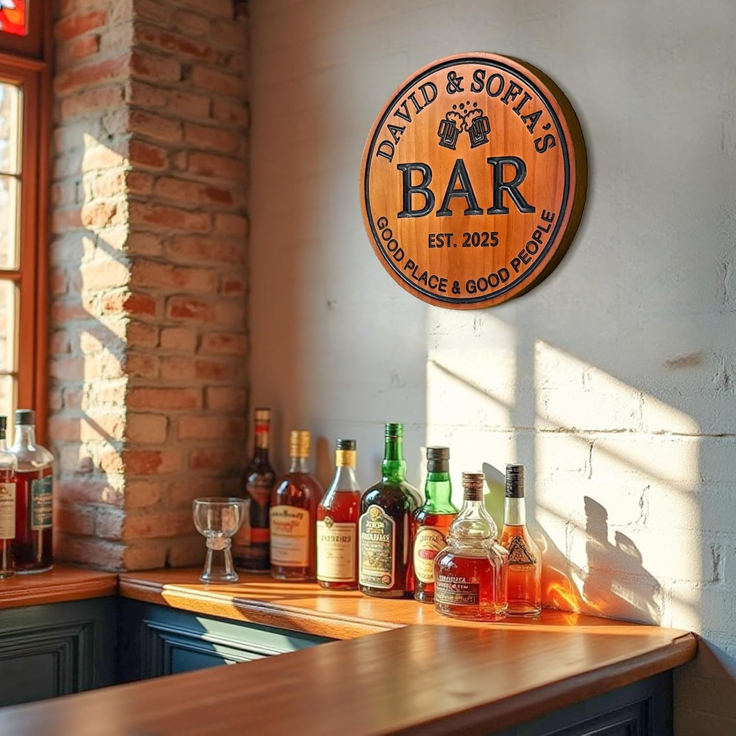 Personalized Wood Bar Sign Custom Carved Name Sign for Couples Home Bar Decor Wooden Wall Art Anniversary Wedding Gift Housewarming Gift Man Cave Decor