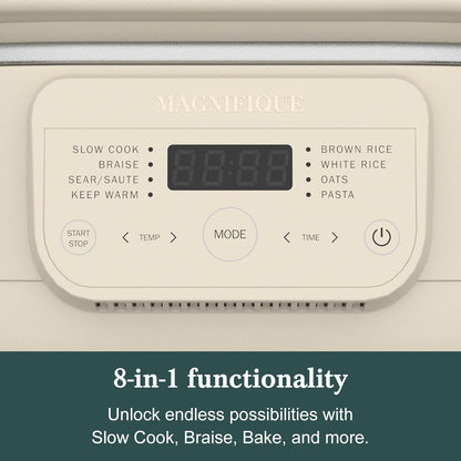 MAGNIFIQUE 4 Quart Claypot Multi-Cooker, with 8-in-1 Casserole Programmable Slow Cooker, Dutch Oven, Pasta, Nonstick Oven Safe Pot to 450°F, Oatmeal