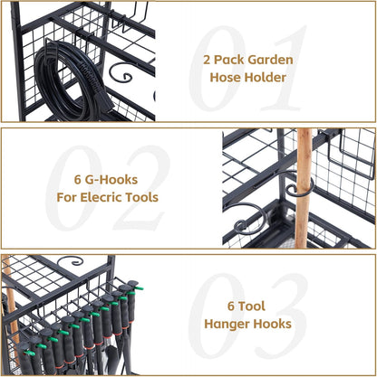 Lauren&Harold Garden Tool Organizer for Garage, Yard Tools Storage Rack with 2 Stair-Climbing Wheels, Gardening Tool Storage Holder for Garage, Yard, Lawn and Outdoor, Garden Tool Rolling Cart