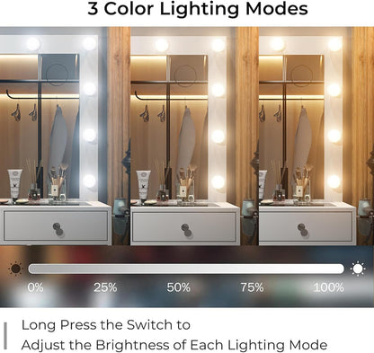 Vanity Desk & Power Outl, Makeup Vanity with Mirror and 12 LED Lights, Makeup Table with 11 Drawers, Vanity Table with Chair,Set 3 Lighting Modes Brightness Adjustable-(White)