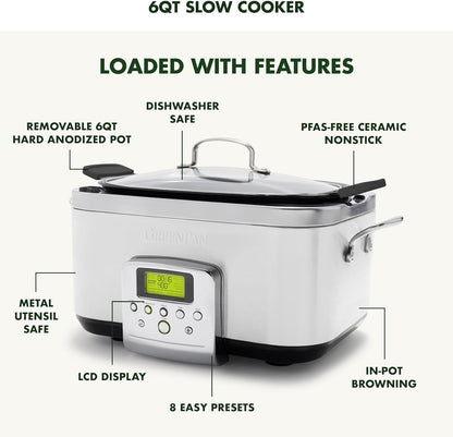 GreenPan Elite 8-in-1 Programmable 6QT Electric Slow Cooker, Dishwasher Safe Lid & Removable Crock, PFAS-Free Healthy Ceramic Nonstick Multi-Cooker, Sear, Sauté, Brown, Steam Basket, Roast, White