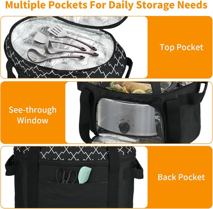 Slow Cooker Carrying Bag Compatible with 6-8 Quart CrockPot and Hamlton Beach,Double-Layer Insulated Carrier Case with Lid Fastener and See-through Window,Bag Only