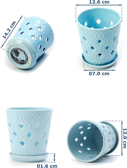 Whispering Winds Ceramic 5 x 6 Inch Orchid Pot with Holes & Saucer for Aeration and Drainage - Decorative Orchid Pots for Repotting, Prevent Over Watering & Root Rot (Charlotte Blue)