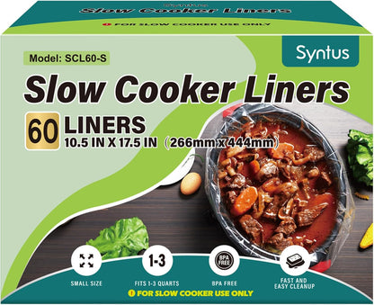 Syntus Slow Cooker Liners, 60 Count Cooking Bags Small Size Disposable Pot Liners Plastic Bags, Fit 1QT to 3QT for Slow Cooker Cooking Trays, 10.5"x 17.5", 60 Liners