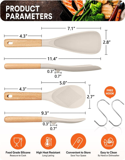 Cooking Spoon and Rice Scooper for Nonstick Cookwares, Great for Cooking and Serving Sturdy BPA-Free Matte Silicone, Wood Handle Spoon for Mixing, Scoop, and Scrape (KHAKI)