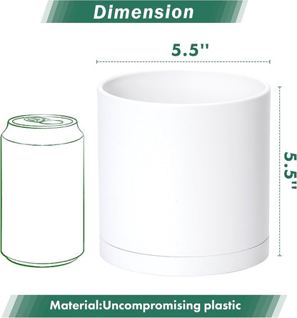 D'vine Dev 4 Pack 5.5 Inch Modern Plastic Plant Pots, Small Garden Planters for Plant with Drainage Holes and Saucers, White Color, 74-Z-H-2