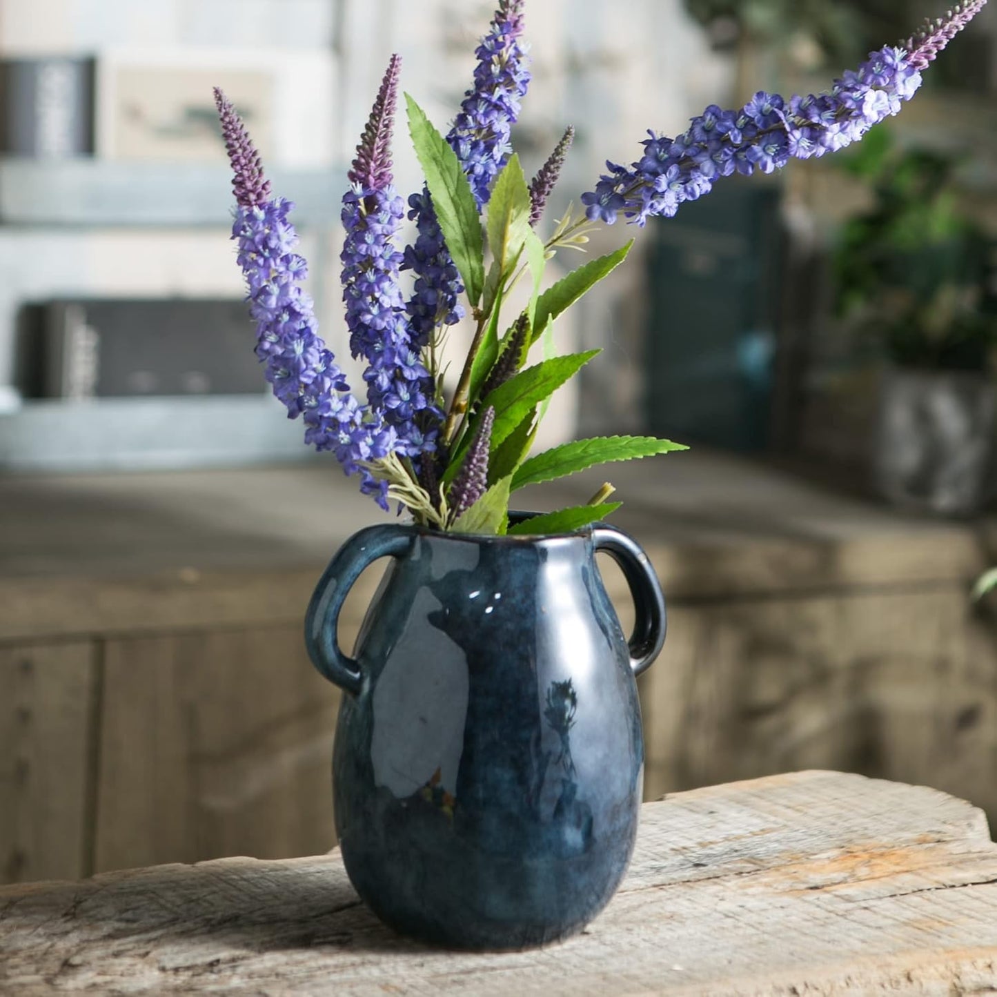 Blue Ceramic Vase with 2 Handles, Modern Farmhouse Decor, Rustic Terracotta Pottery, Decorative Flower Vases, Clay Small Vase, Centerpiece for Dining Table - 7 Inch Tall