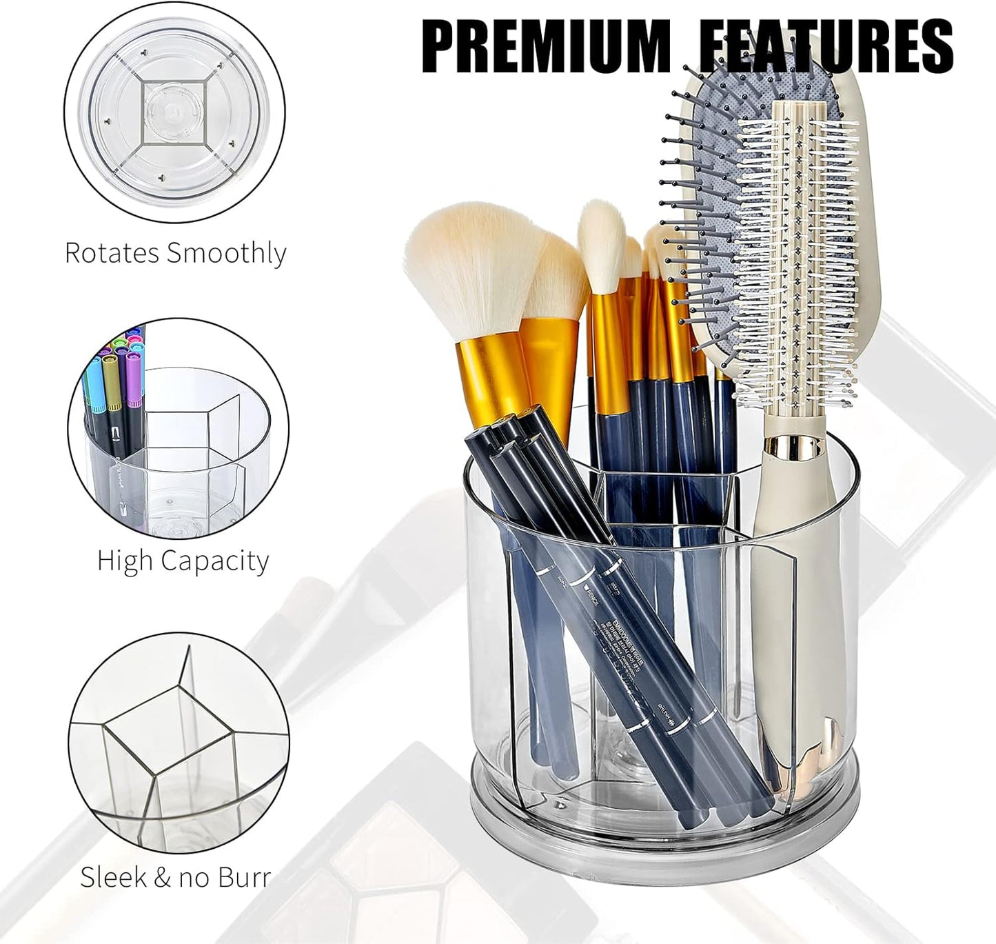 Makeup Brush Holder Organizer -Rotating 360° Clear Storage Cup Containers for Vanity, Desk, Countertop, Spinning Pen Holder for Desk, Round Make up Brush Stand with 5 Slots, for Cosmestics (Clear)