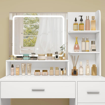 Quimoo Makeup Vanity Desk with LIighted Mirror, Vanity Desk with 5 Drawers & Storage Shelves, Vanity Table, 3 Color Modes & Adjustable Brightness Dressing Table, Bedroom