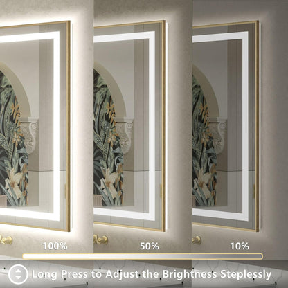 OKPAL 48x32 Gold LED Mirror for Bathroom with Frontlit & Backlit, Metal Framed Lighted Bathroom Mirror with Lights, Anti-Fog, Dimmable 3 Colors, Shatterproof, Horizontal/Vertical