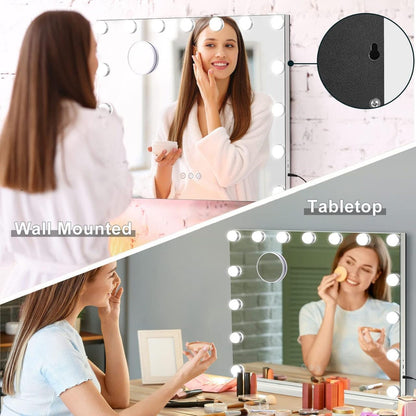 HIEEY Vanity Mirror with Lights, Hollywood Lighted Mirror with 15 Dimmable LED Bulbs, Makeup Mirror with Lights, and 5X Magnification Mirror, 3 Colors Modes,Touch Control, Metal Frame,White