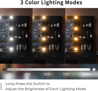 Vanity with Power Outlet, Vanity Desk with Mirror and 10 LED Lights, 10 Drawers Makeup Vanity with 6 Shelves, Fold-up Panel, Dressing Table for Bedroom, Black