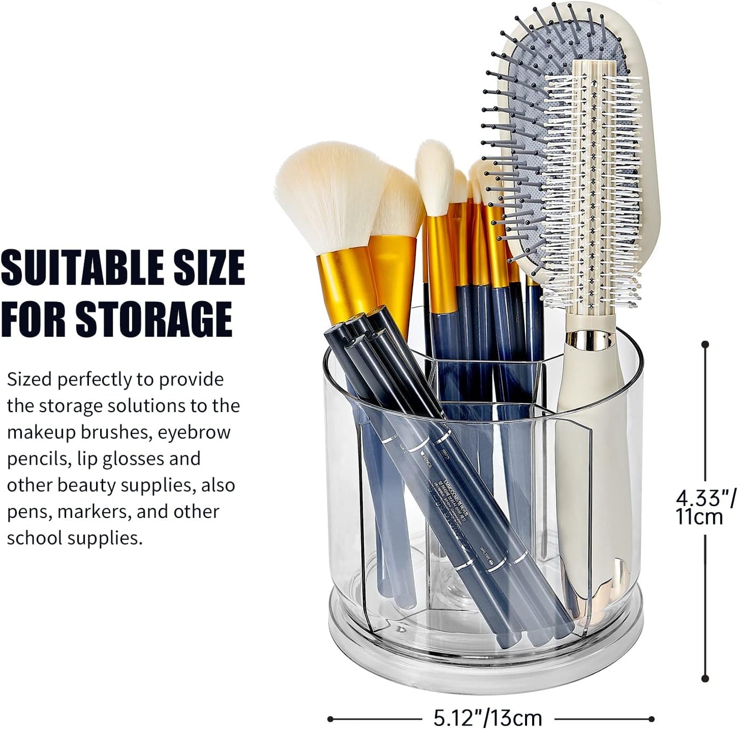 Makeup Brush Holder Organizer -Rotating 360° Clear Storage Cup Containers for Vanity, Desk, Countertop, Spinning Pen Holder for Desk, Round Make up Brush Stand with 5 Slots, for Cosmestics (Clear)