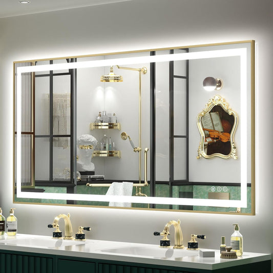 OKPAL 50x30 Gold LED Bathroom Mirror with Lights, Frontlit & Backlit Lighted Bathroom Mirror, LED Vanity Framed Mirror, Anti-Fog, Dimmable, 3 Colors, Shatterproof, ETL Listed