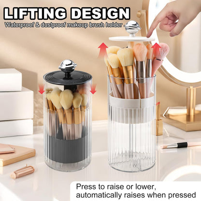DASITON Makeup Brush Holder with Lid, Automatic Lifting Makeup Organizer for Vanity, 4 Slots Clear Makeup Brush Organizer, Dustproof Cosmetic Brushes Storage for Bathroom, Desktop, Office (Black)