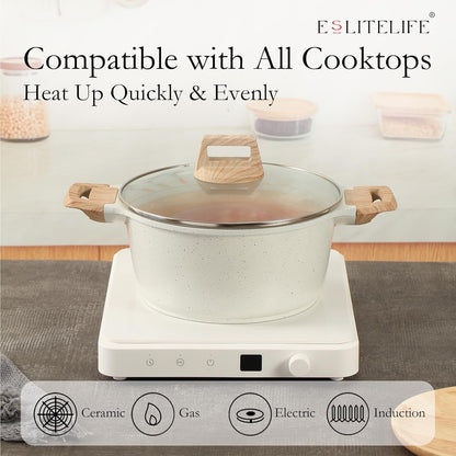 ESLITE LIFE Nonstick Stock Pot with Lid, 7 Quart Granite Casserole Large Soup Pot Pasta Cooking Pot, Induction Compatible, PTFE & PFOA Free, White