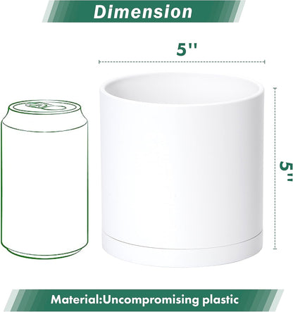 D'vine Dev 4 Pack 5 Inch Modern Plastic Plant Pots, Small Garden Planters for Plant with Drainage Holes and Saucers, White Color, 74-Z-G-2