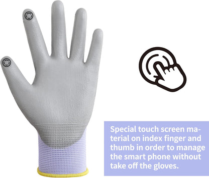 DULFINE Work Gloves for Men PU Coated 12 Pairs Bulk Pack,Purple Seamless Knit Glove with thin Polyurethane,Two Finger Touchscreen, for Men and Women, Ideal for Light Duty Work. (Large)