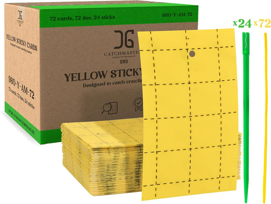 Catchmaster GRO Yellow Regular Double Sided Sticky Traps 72PK, Adhesive Bug & Fruit Fly Trap, Pest Control for Home, Farm, Garden, Hydroponics & Greenhouse, Protect Live Plants Indoor & Outdoor