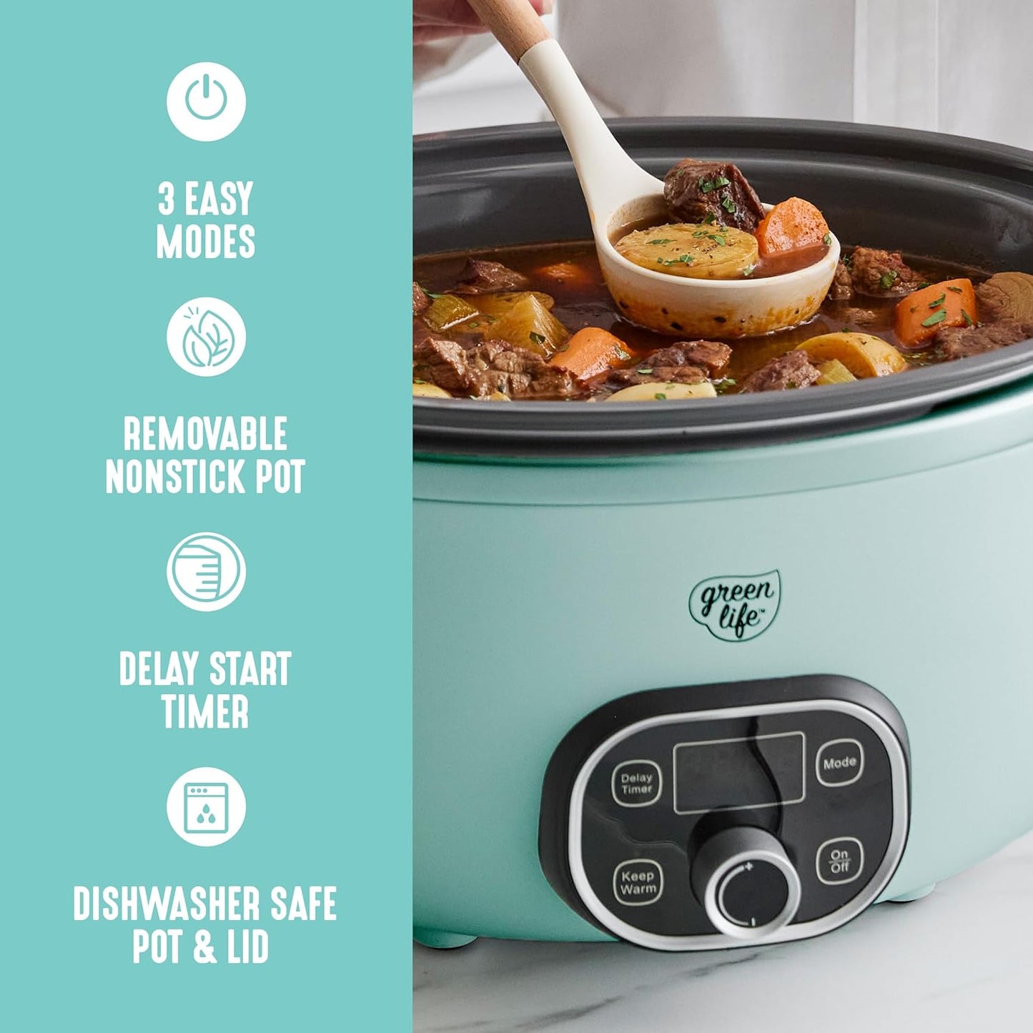 GreenLife 6 Quart Ceramic Slow Cooker, PFAS-Free, Programmable, Removable Healthy Nonstick Pot for Family Meals, Sear on Stovetop, Keep Warm, Digital Timer, Dishwasher Safe Glass Lid, Turquoise