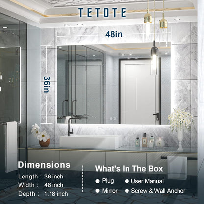 TETOTE 48 x 36 Inch LED Backlit Bathroom Mirror with Lights, LED Vanity Mirror, Frameless, Anti-Fog, Dimmable, CRI90+, Touch Button,Water Proof, Horizontal/Vertical Wall Mounted