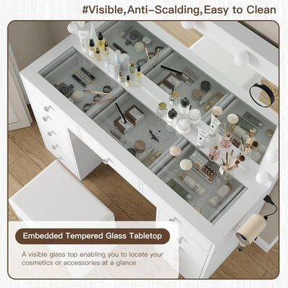 Vanity Desk & Power Outl, Makeup Vanity with Mirror and 12 LED Lights, Makeup Table with 11 Drawers, Vanity Table with Chair,Set 3 Lighting Modes Brightness Adjustable-(White)