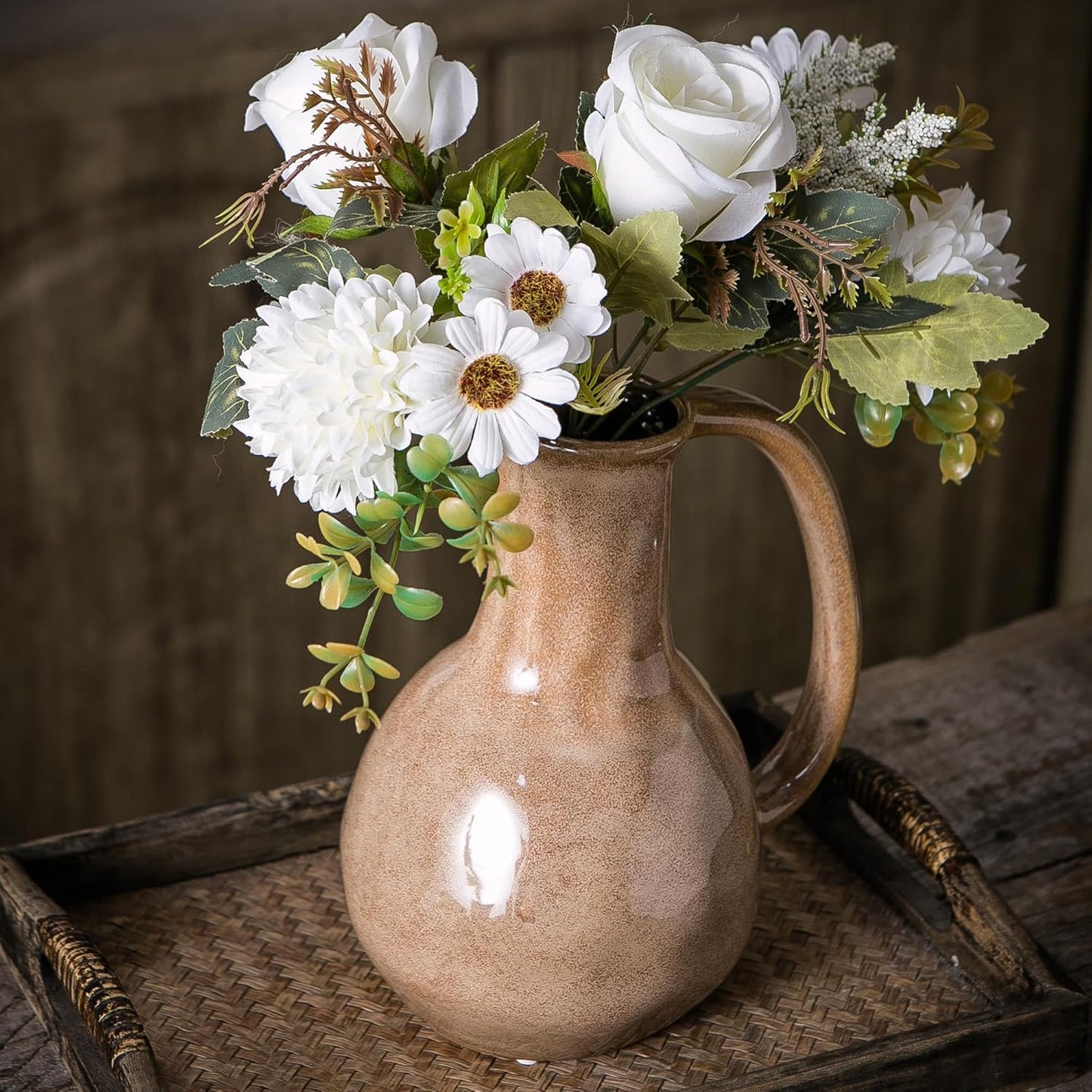 Brown Ceramic Vase with Big Handles, Modern Farmhouse Decor, Rustic Pottery for Flowers, Decorative Terracotta Centerpiece for Dining Table