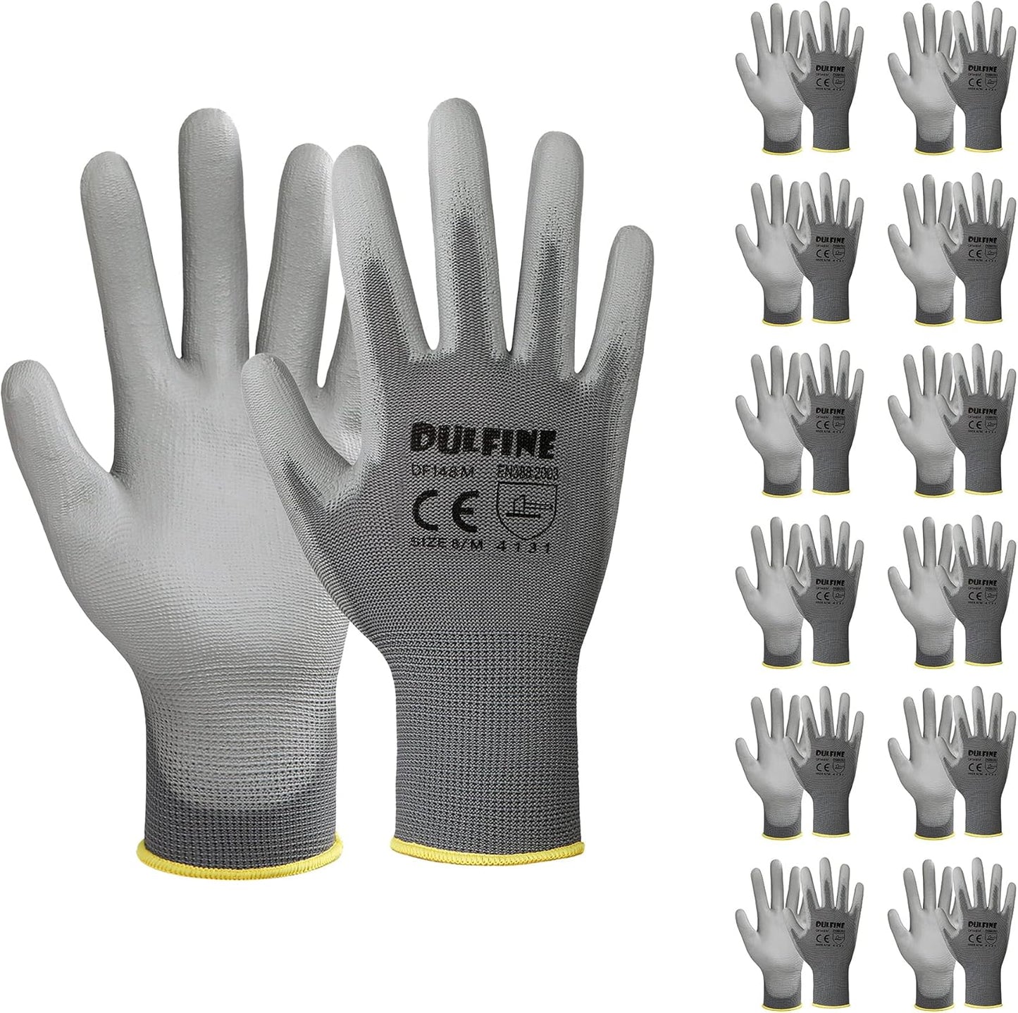 DULFINE Safety Work Gloves PU Coated-12 Pairs,Grey Seamless Knit Glove with Polyurethane Coated Smooth Grip on Palm & Fingers, for Men and Women, Ideal for General Duty Work (Medium)