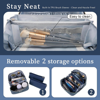 BOYATU Travel Makeup Bags for Women: Large Cosmetic Bag - 3 Set Make up Bags with Compartments - Vegan Leather Makeup Organizer Wide Open Portable Pouch (L20 Blue)