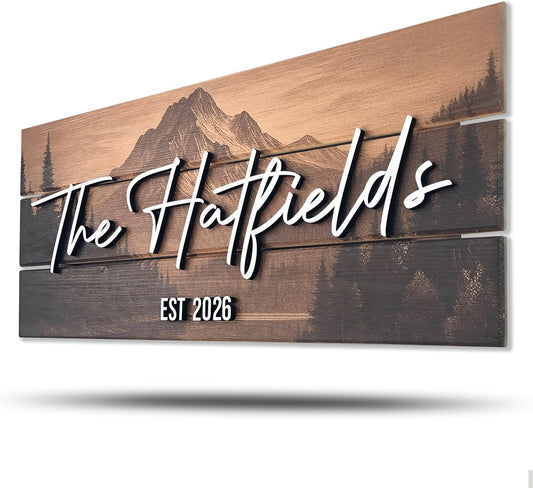 Custom Mountain Family Name Sign - Rustic Wood Wall Decor, Personalized Wedding & Gift for Couples Anniversary, Housewarming Gift for New Home