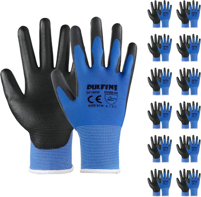 DULFINE Safety Work Gloves PU Coated-12 Pairs,Blue Seamless Knit Glove with Polyurethane Coated Smooth Grip on Palm & Fingers, for Men and Women, Ideal for General Duty Work (XX-Large)