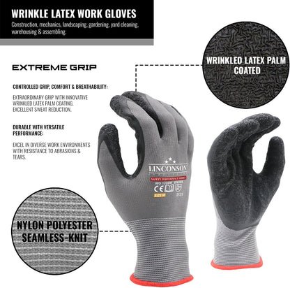 linconson 12 Pack Safety Performance Series Construction Mechanics Wrinkle Latex Work Gloves