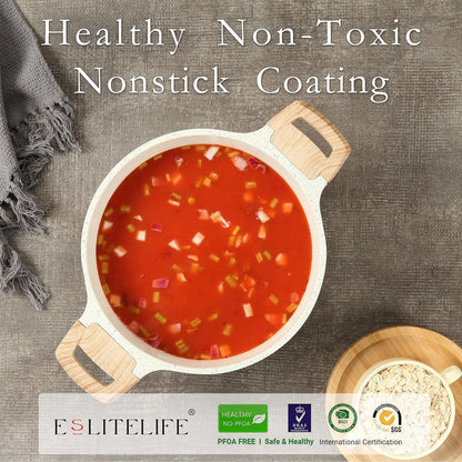 ESLITE LIFE Nonstick Stock Pot with Lid, 7 Quart Granite Casserole Large Soup Pot Pasta Cooking Pot, Induction Compatible, PTFE & PFOA Free, White