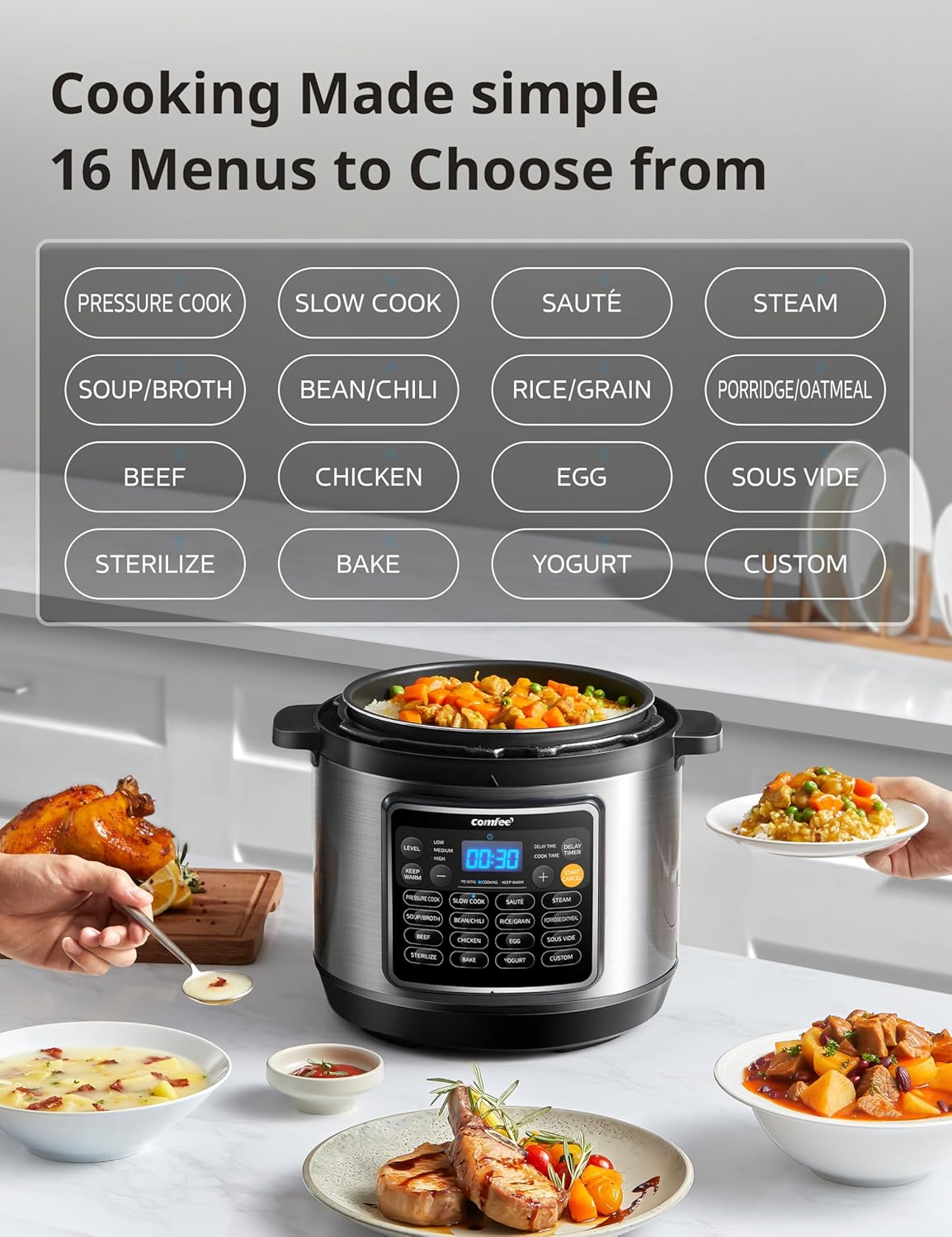 COMFEE’ 16 in 1 Electric Pressure Cooker Instant Multi Cooker Olla de Presion Non-Stick Pot Yogurt Maker Rice Cooker Slow Cooker Sauté Steamer 8 Quarts for Family Feast