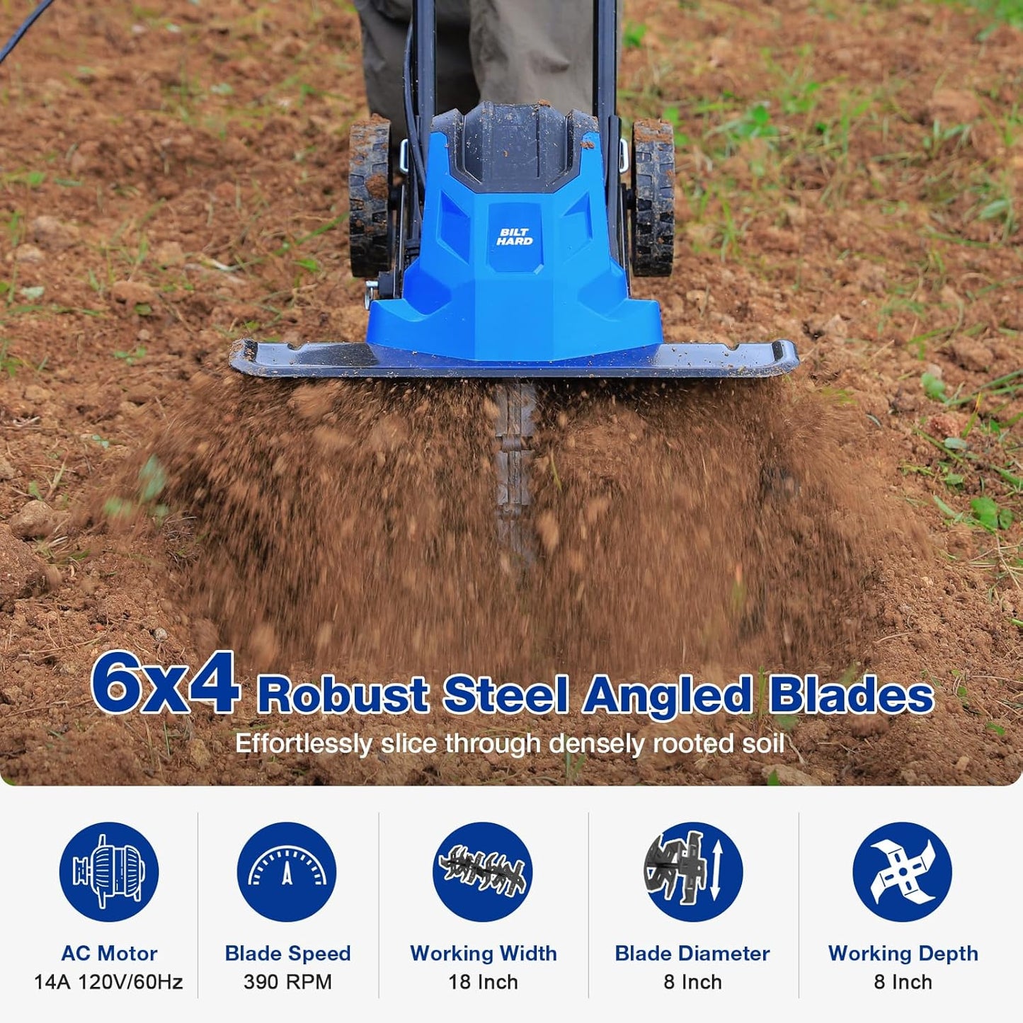 BILT HARD 14-Amp 18-Inch Electric Tiller Cultivator, 8'' Tilling Depth Corded Garden Rototiller, 6 Steel Front Tines Roto Tillers with Adjustable Wheels & Foldable Handle for Garden Lawn Soil Digging