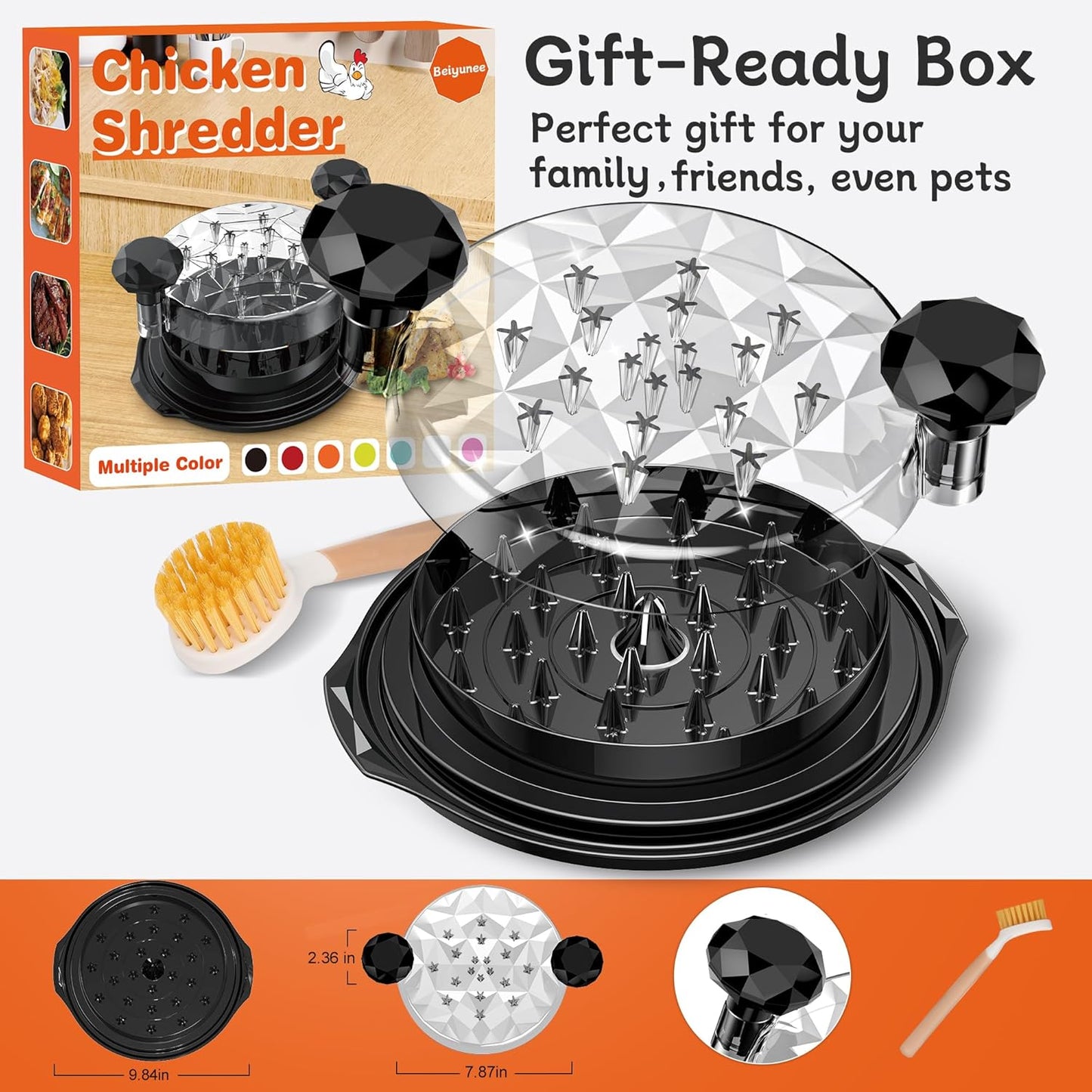 Chicken Shredder Tool Twist Large with Brush, 10" Pro Visible Kitchen Meat Shredder Grinder Machine, Strong Anti-Slip Base, Ergonomic Handle, BPA Free, Suitable for Steak Pork Chicken Breast