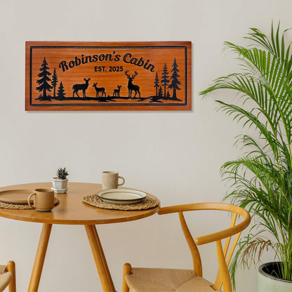 Personalized Carved Cabin Sign Custom Wooden Outdoor Sign Deer Pine Trees Rustic Mountain House Sign Lake House Sign Cottage Sign Camping Sign