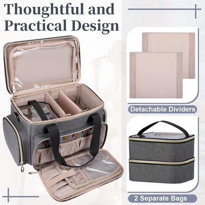Large Makeup Bag, Portable Travel Makeup Bag Organizer for Women Girls with 2 Removable Pouches & Detachable Dividers, Cosmetic Travel Bag, Toiletry Bag for Makeup and Hair Supplies Grey